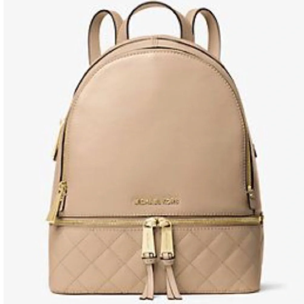 Michael Kors Rhea Backpack Beige Leather Gold Hardware Designer Bag